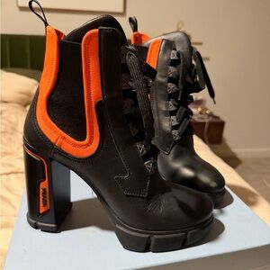 Prada Women's Black and Orange Heeled Boots